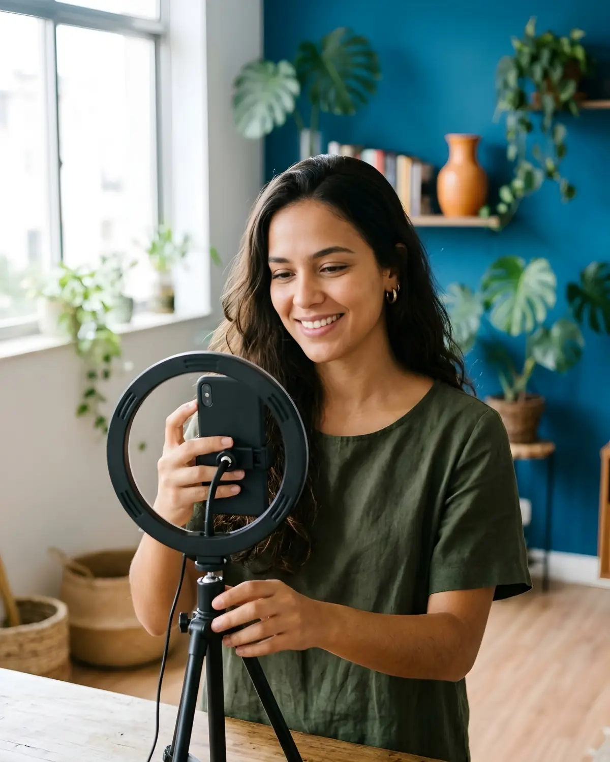 Une jeune femme fixe son téléphone sur un ring light avant de passer en direct