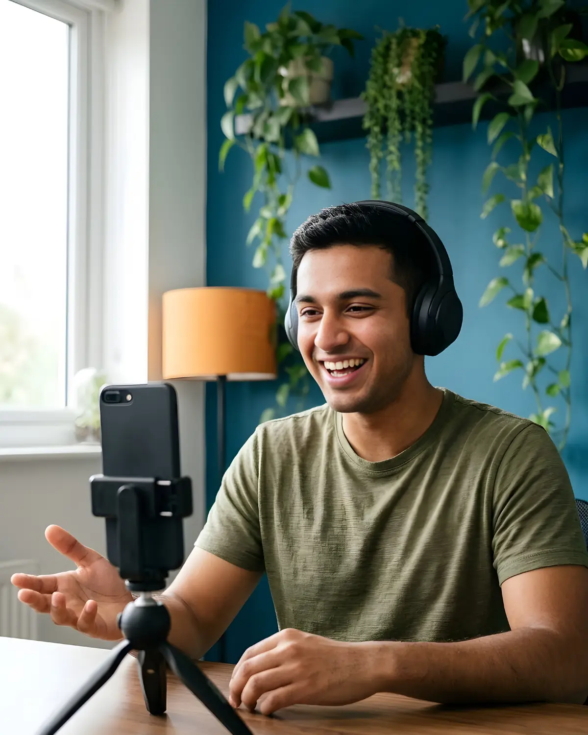 A young man wearing headphones, laughing in a Taka Live voice room from his phone